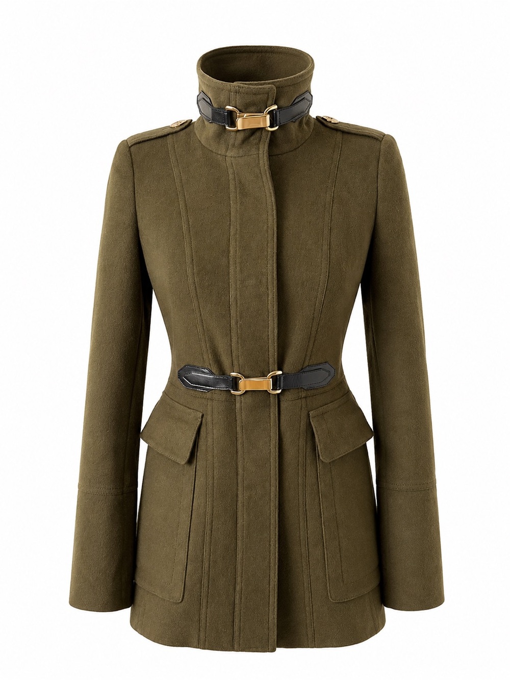 BURBERRY | Olive Wool Cashmere Military Belted Coat Stand‎ Collar Leather Trim 2